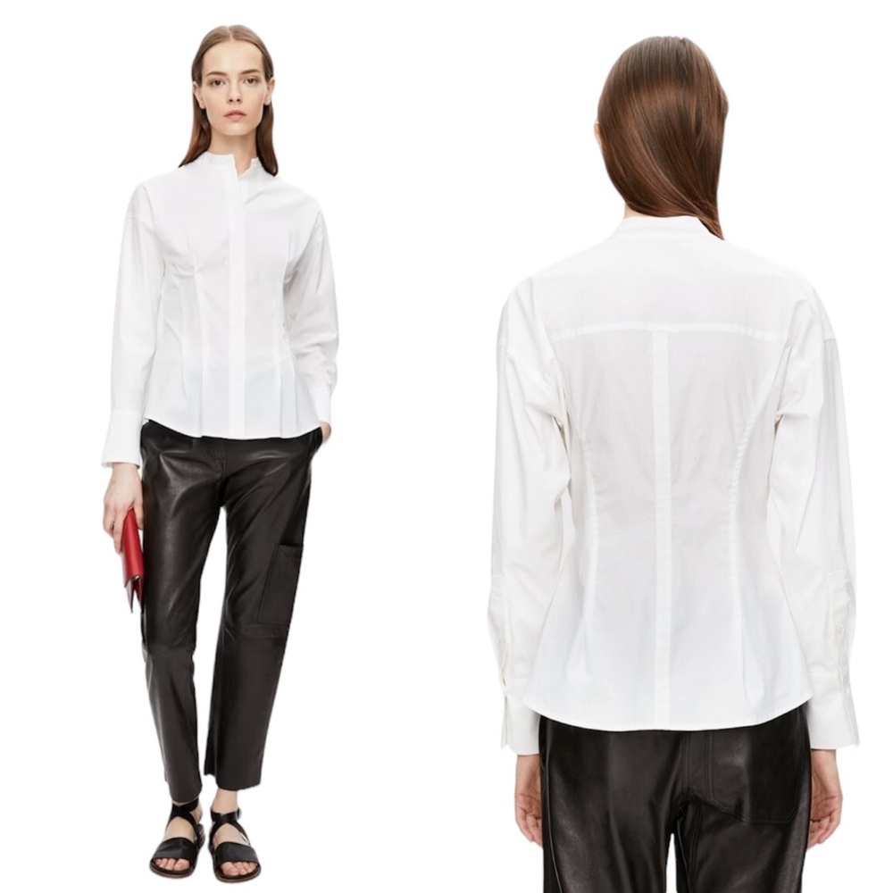 Theory White Narthus Stretch Cotton Long Sleeve Pintuck Shirt Small